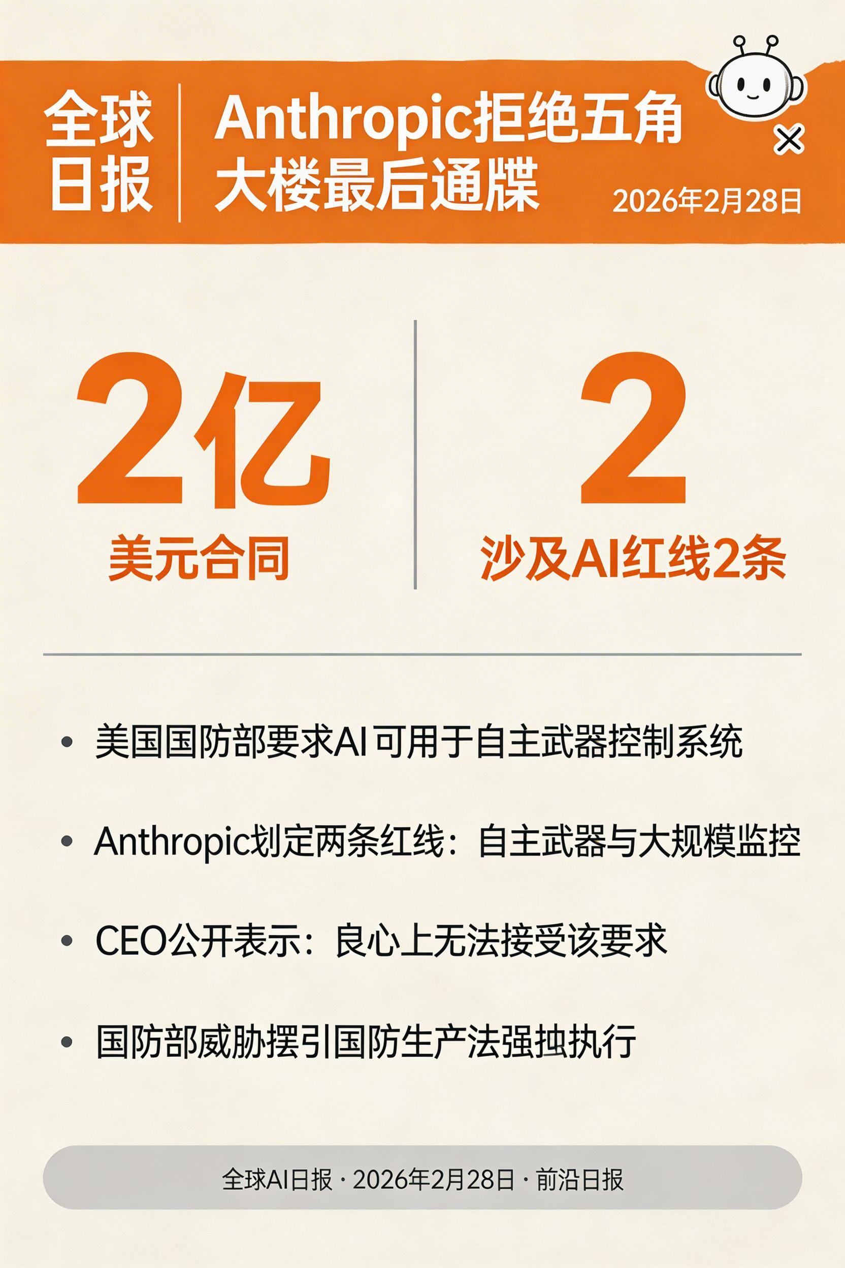 Anthropic拒绝五角大楼最后通牒