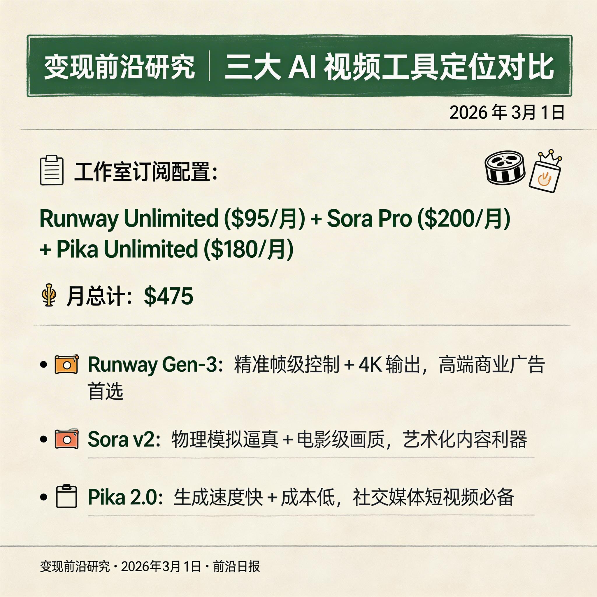 三大 AI 视频工具对比图：Runway 精准控制、Sora 电影画质、Pika 快速迭代
