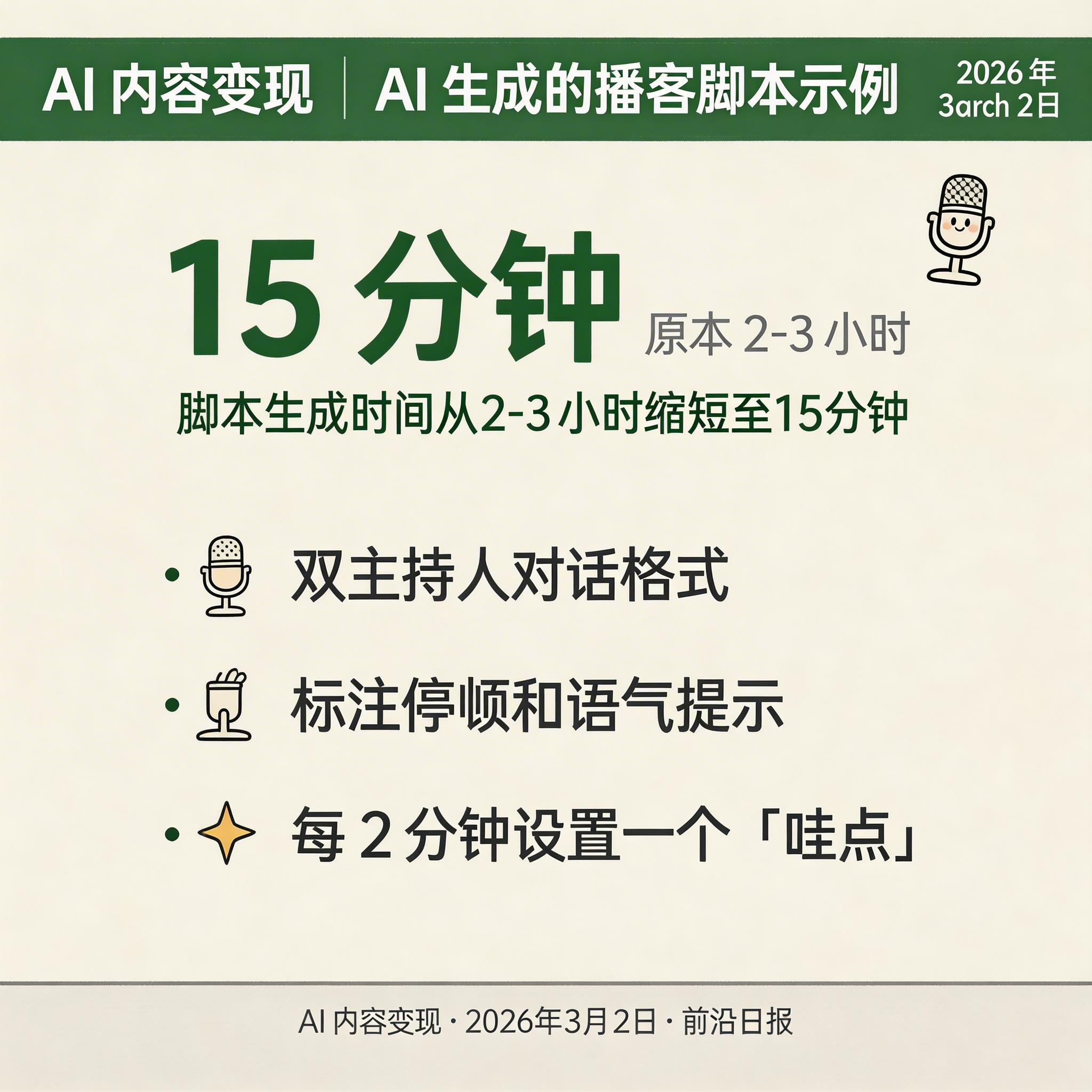 AI 生成的播客脚本示例：双栏对话格式，标注停顿和语气提示