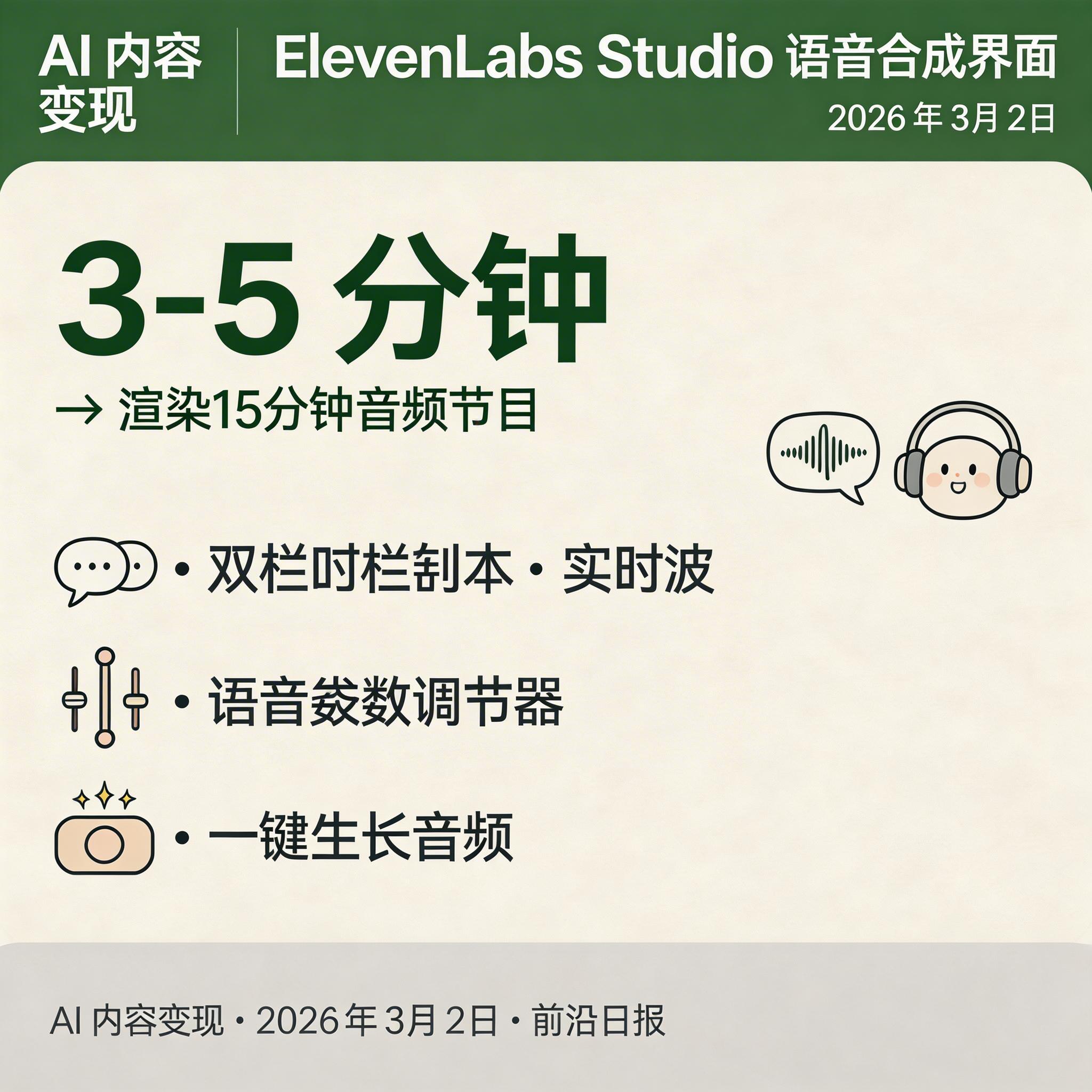 ElevenLabs Studio 界面：双栏对话脚本，右侧波形图和语音参数调节器