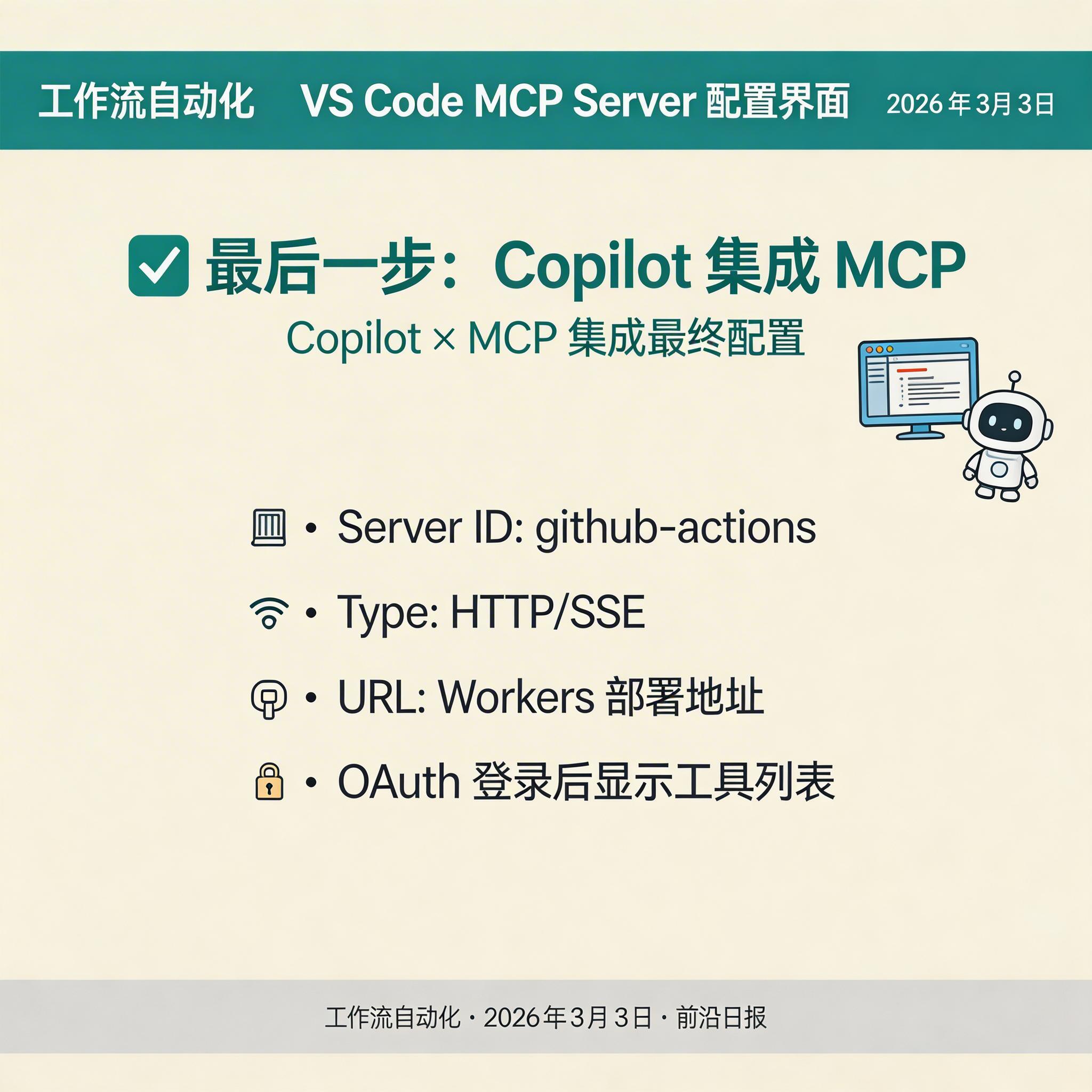 VS Code MCP Server 配置界面：添加远程服务器、设置 URL、OAuth 登录、工具列表展示
