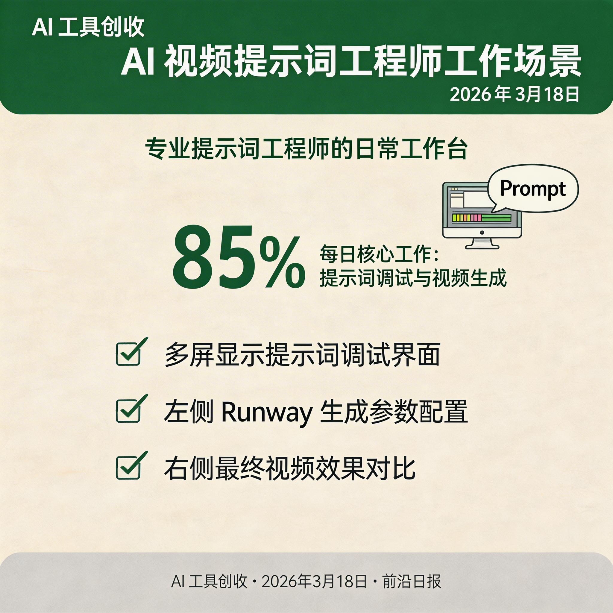 AI 视频提示词工程师工作场景：多屏显示提示词调试界面，左侧是 Runway 生成参数，右侧是最终视频效果对比