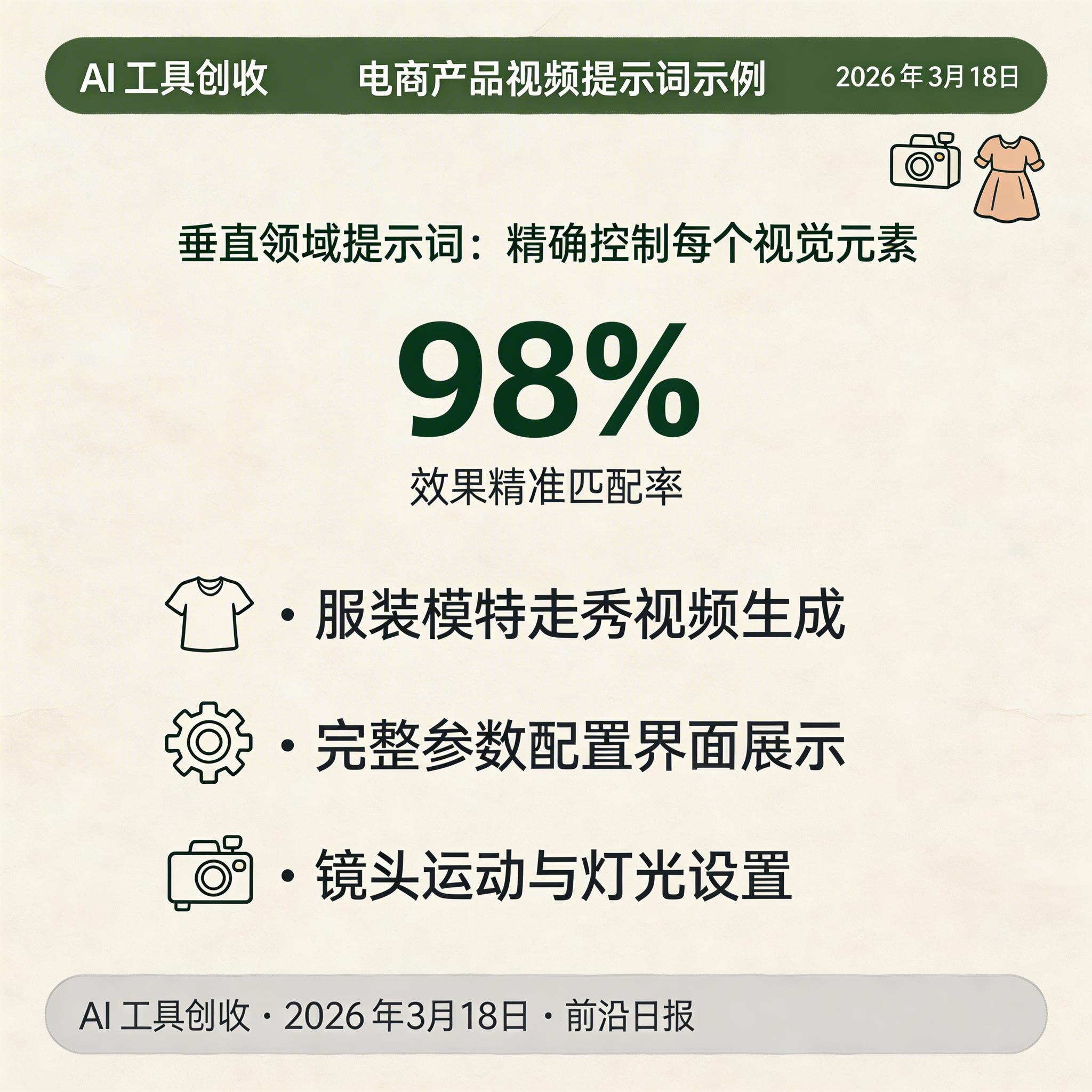电商产品视频提示词示例：展示服装模特走秀视频生成的完整参数配置界面