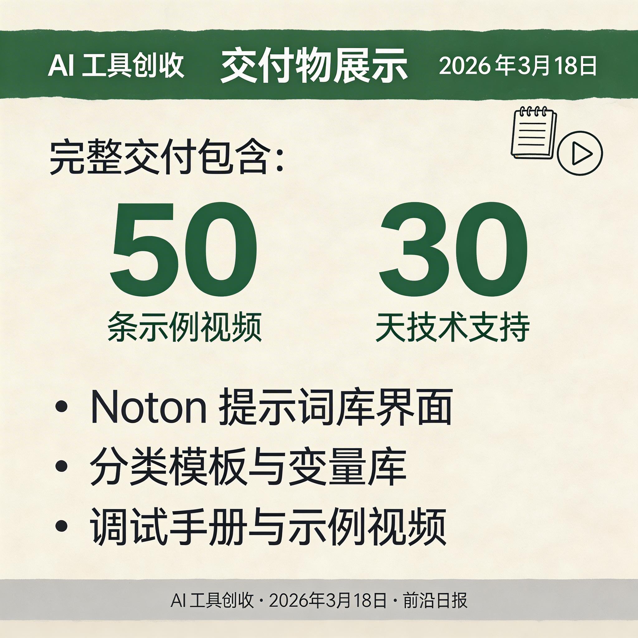 交付物展示：Notion 提示词库界面截图，包含分类模板、变量库和调试手册