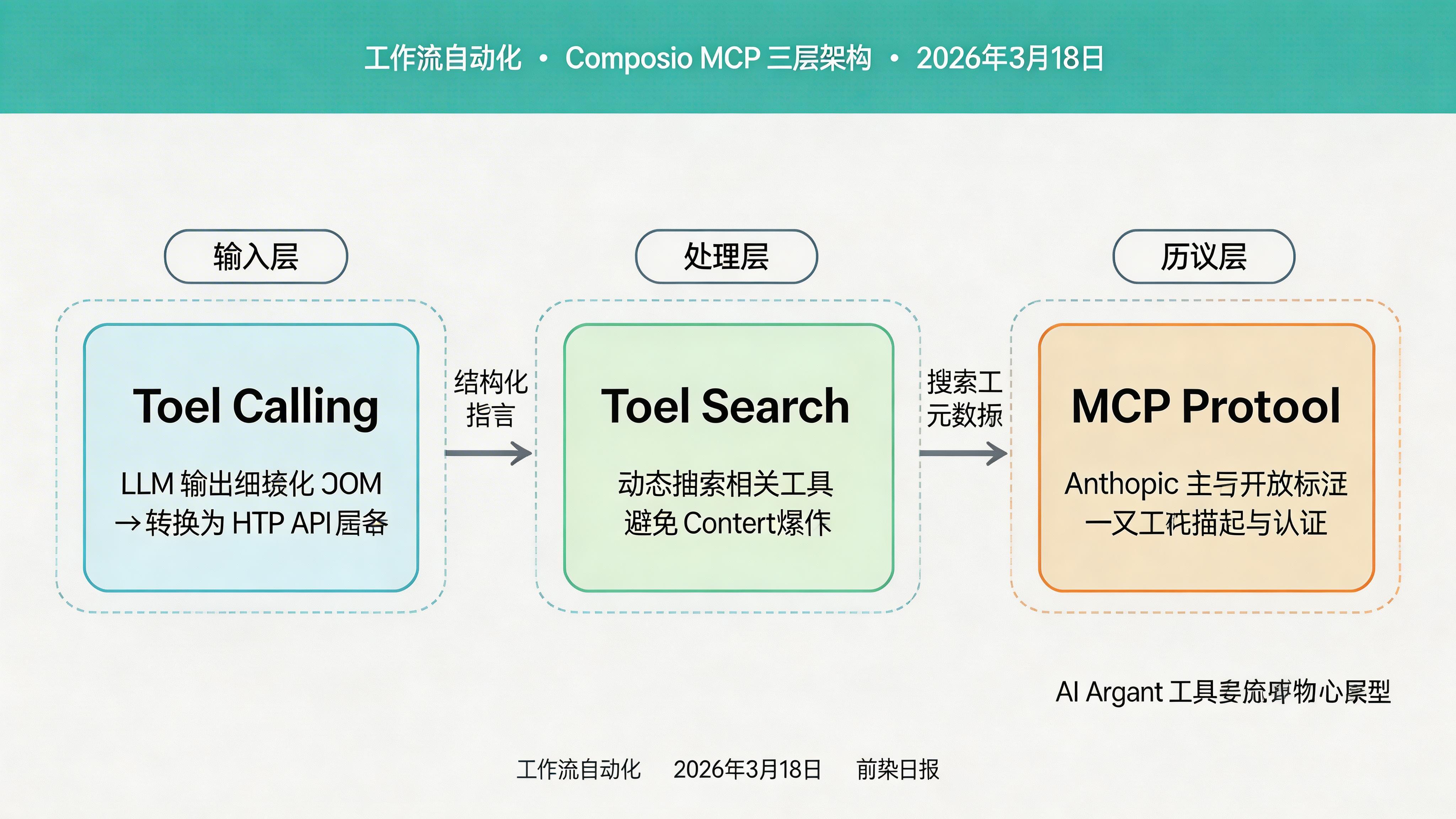 Composio MCP 三层架构图：Tool Calling、Tool Search、MCP Protocol 的关系