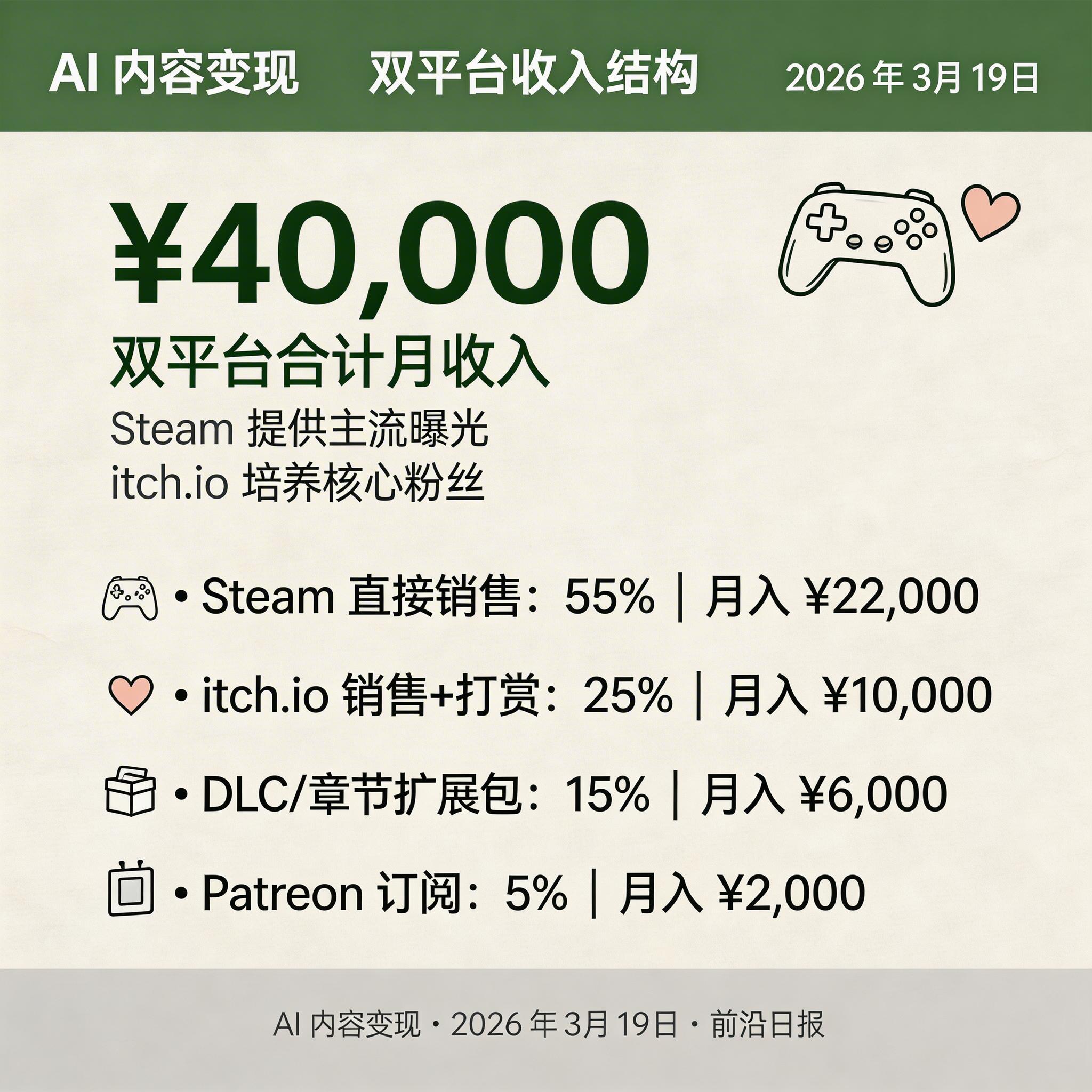 双平台收入结构饼图：Steam 占 55%，itch.io 占 25%，DLC 占 15%，Patreon 占 5%
