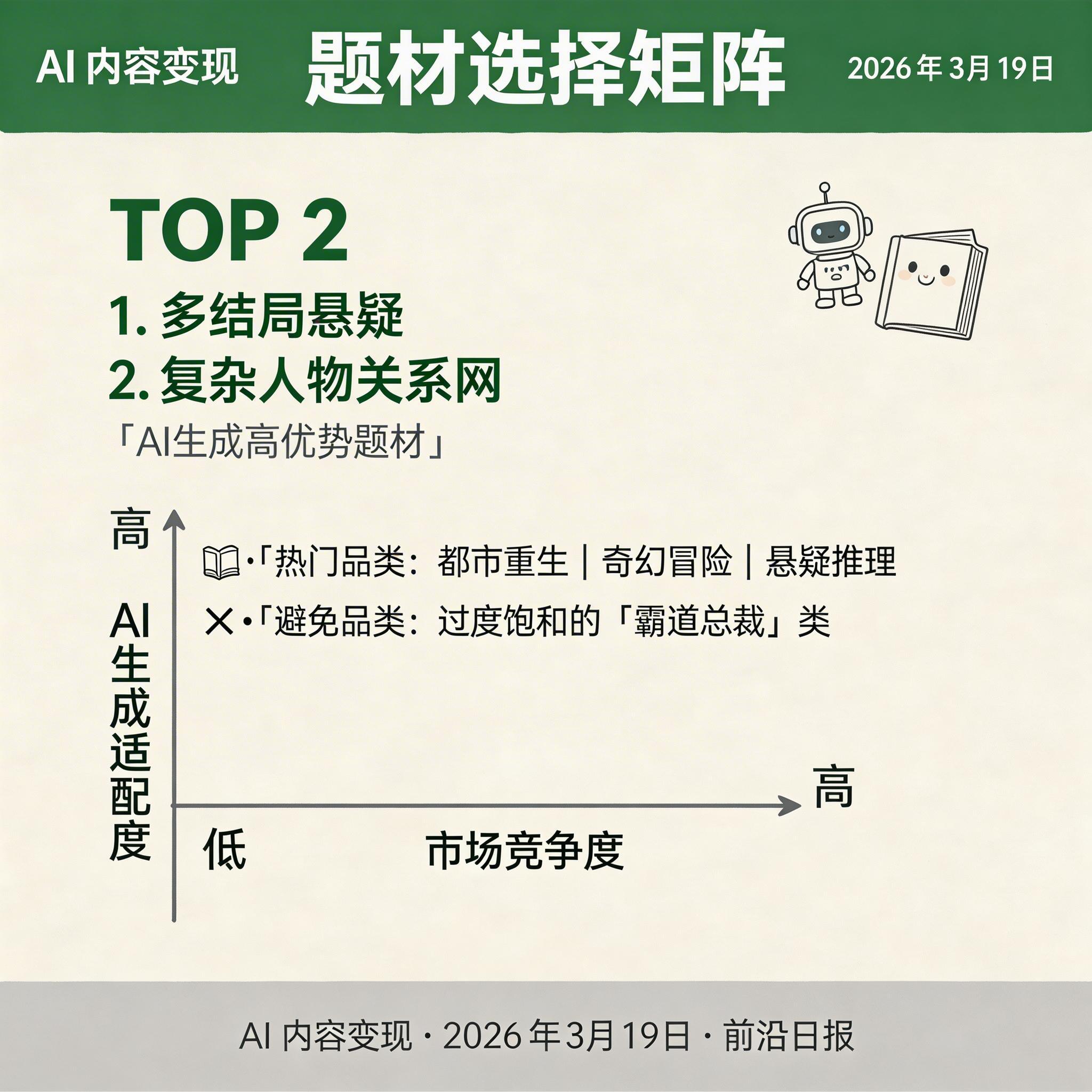 题材选择矩阵：横轴为市场竞争度，纵轴为 AI 生成适配度，标注热门品类位置