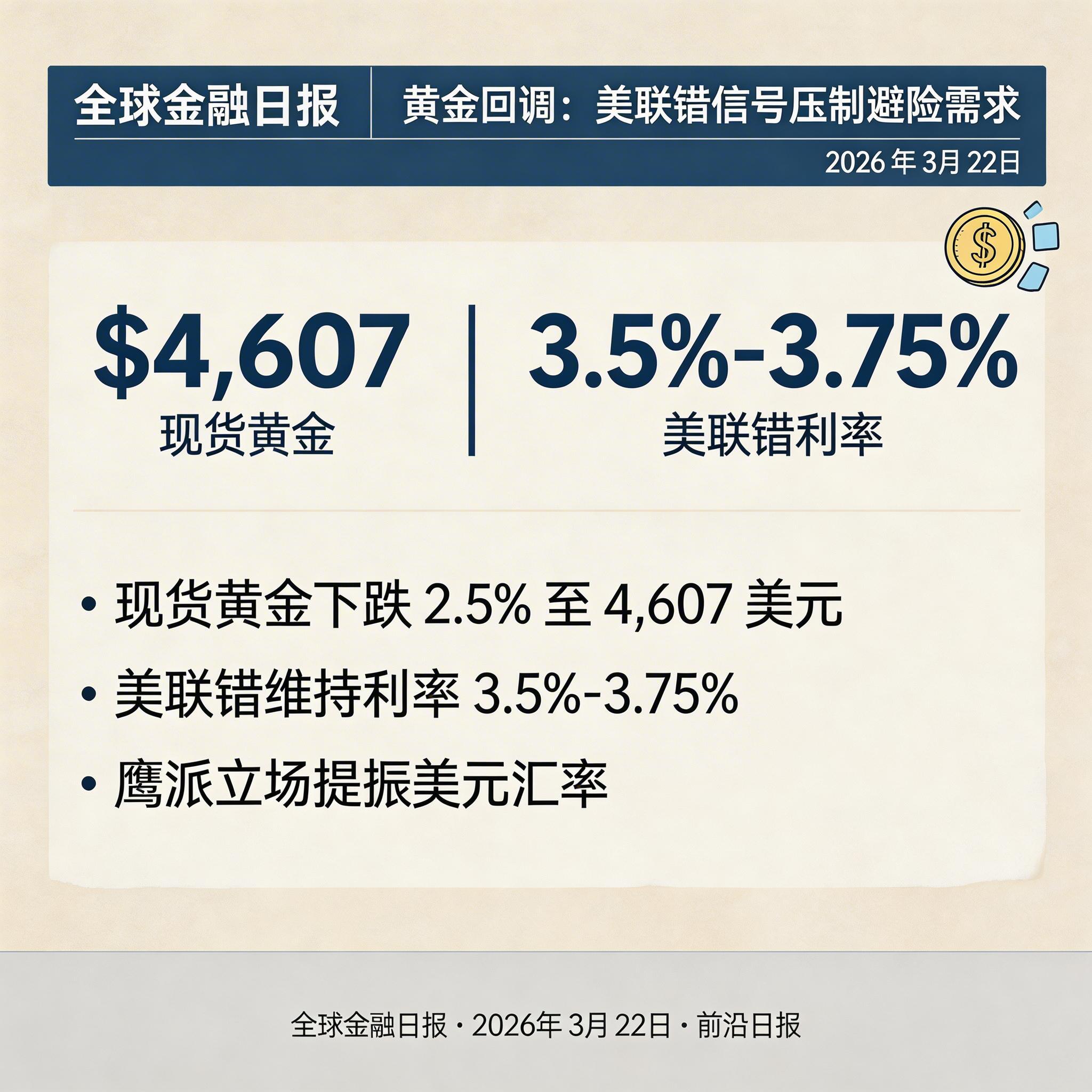 黄金回调：美联储信号压制避险需求