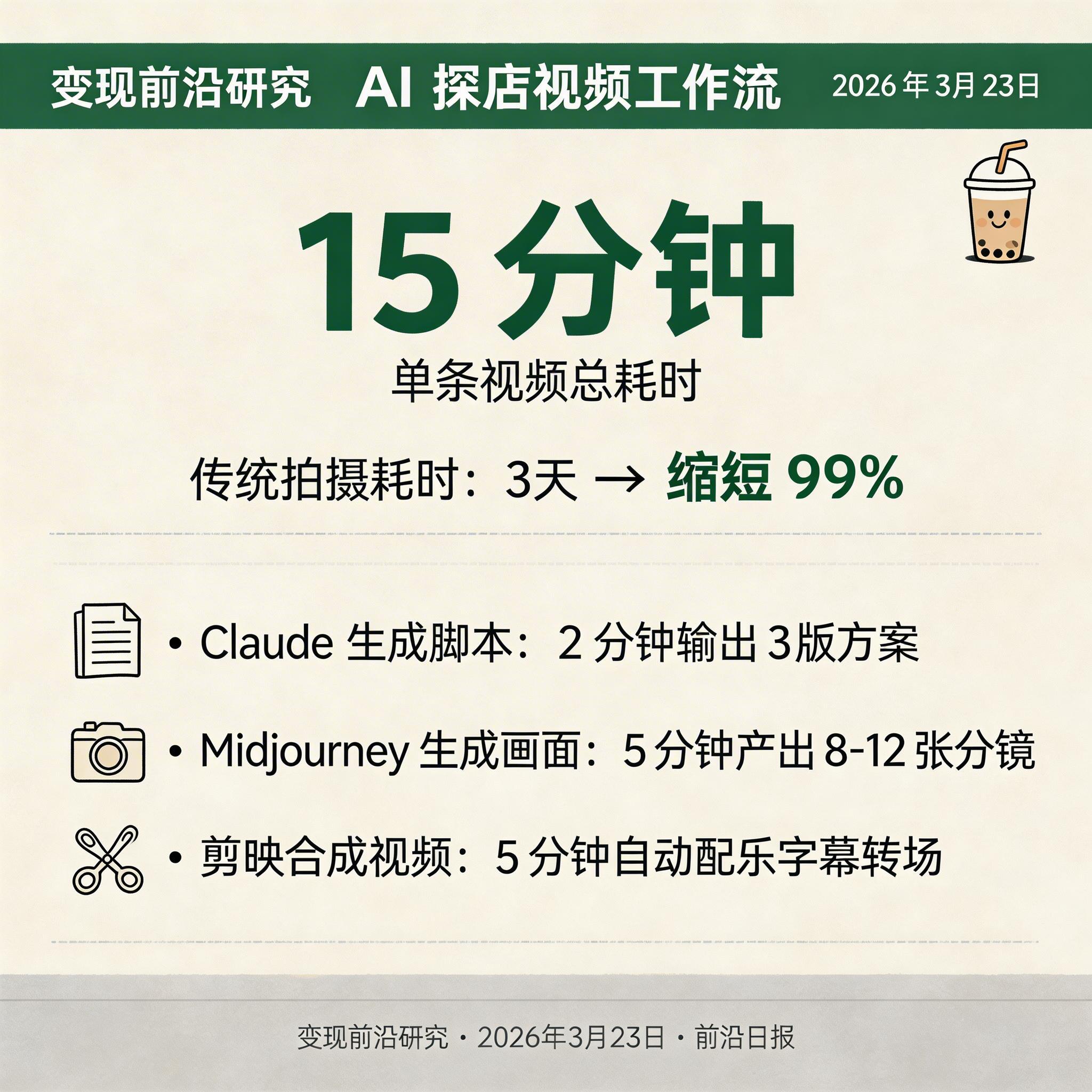 AI 探店工作流示意图：从商家素材到成品的全流程